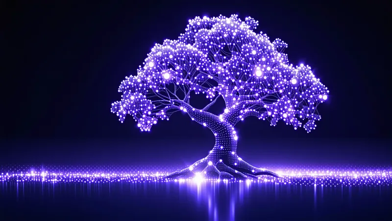 Abstract branching version tree visualization on dark background