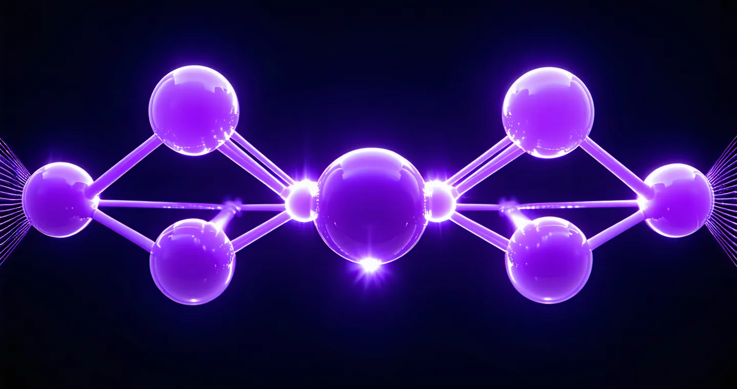 Abstract 3D visualization of a model lifecycle pipeline — glowing violet nodes connected by directed edges flowing from training through versioning to monitoring, against a near-black background