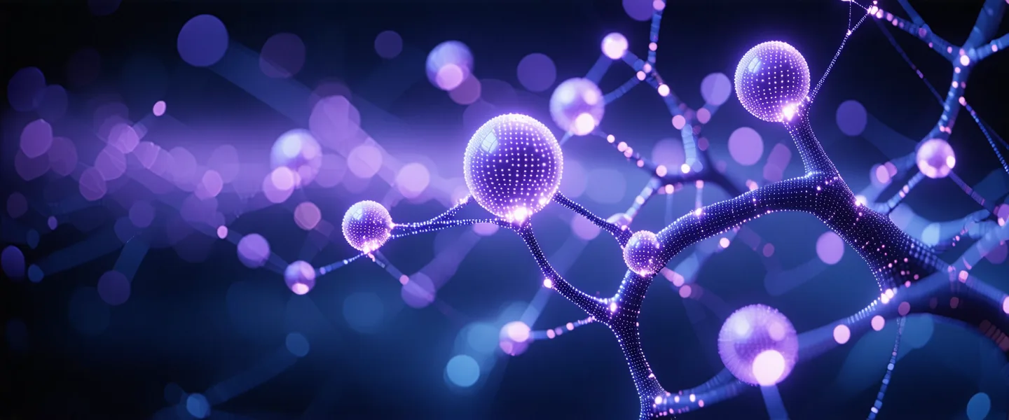 Abstract visualization of a model version directed acyclic graph with branching paths and glowing violet nodes on dark background